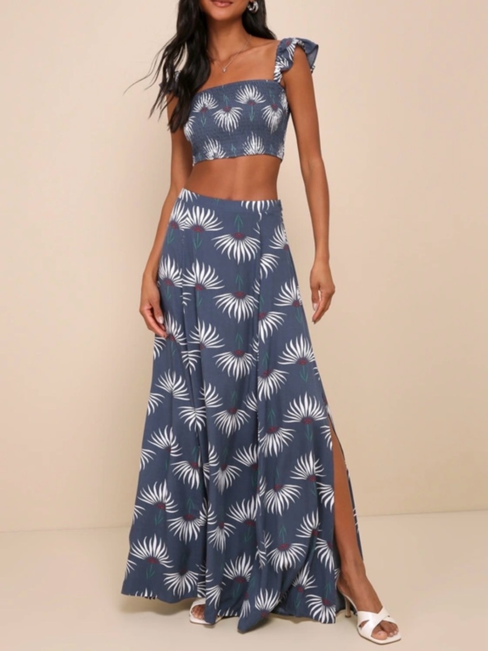 Lulu's Trancoso Dusty Blue Floral Print Two-PieceMaxi Dress